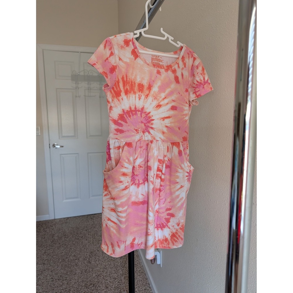 Cat & Jack‎ Girls Medium 8 Pink Orange Tie Dye Short Sleeve Pocket Dress